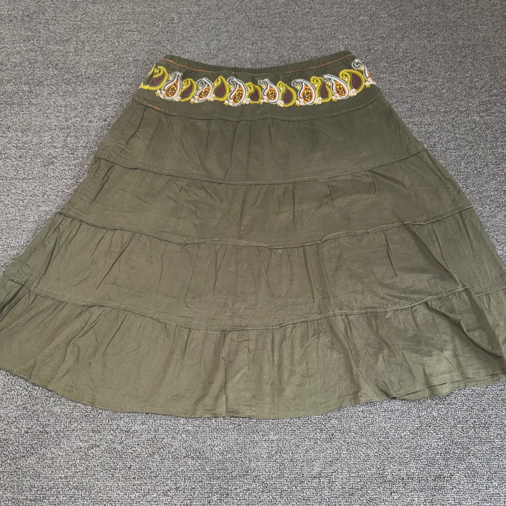 Love By Design Olive Green Paisley Embroidered Tiered Cotton Skirt Girls Size 16